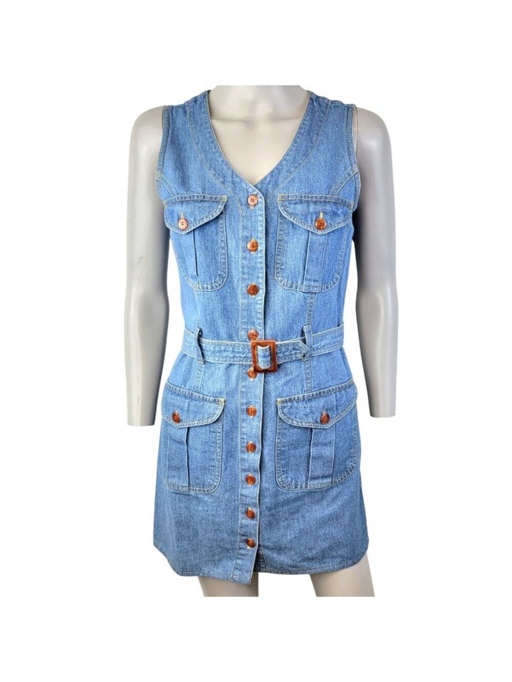 Vintage 90s Denim Mini Dress Women Small 6 Blue Button Up Belt Sleeveless Party